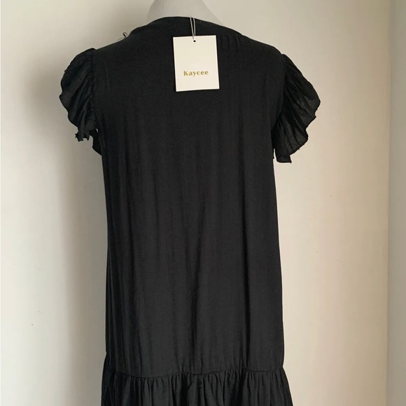 Kaycee Black Tunic Dress V-Neck Button Front Tiered Knee-Length Size Large UK 12 - Picture 10 of 13